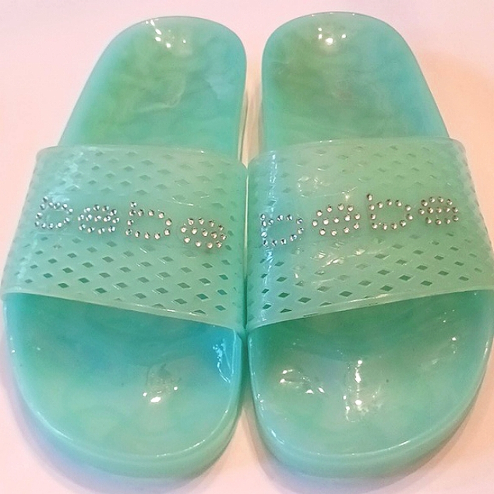 BEBE Lounge Slip-On Rhinestone Rubber Top Sandals Women Teal Size 10